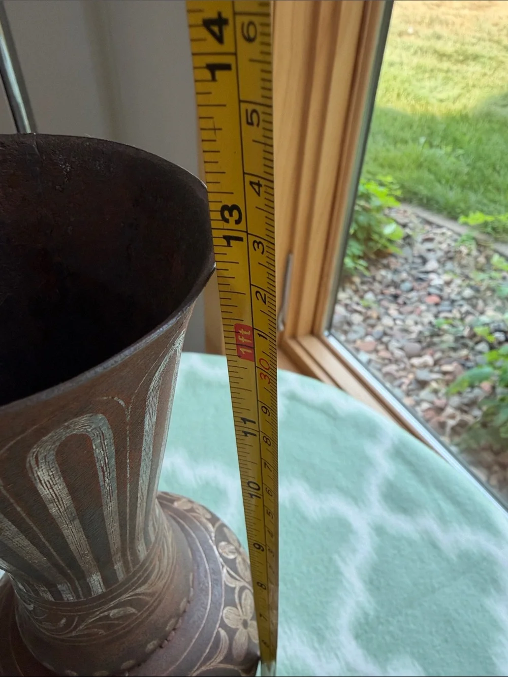 Vintage Black Brown Oxidized Metal Vase Floral and Stripe Etched  - Home Accent